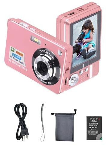 Appareil Photo Numérique 4K 48MP - Caméra de Vlogging Avec Écran LCD 2,7 Pouces, Zoom Numérique 8X, Enregistreur Vidéo Compact, Mini Portable pour Enfants, Débutants (Rose)