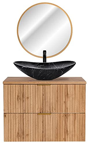 Lomadox Badmöbel Gäste WC Bad Set, 80 cm Waschtisch mit Unterschrank Wotaneiche Keramik Waschbecken schwarz, LED-Spiegel Gold
