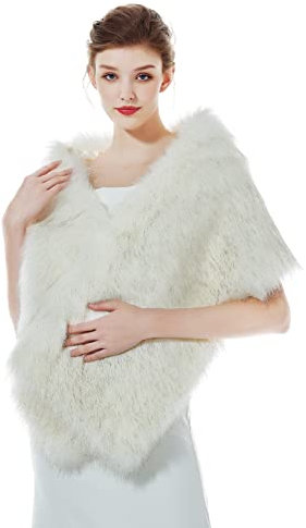 BEAUTELICATE Kunstpelz Schal Stola Damen Bolero Wrap Pelz Brautschal Brautstola Frauen für Hochzeit Braut Festlich (Langes Fell - Weißes Fell mit Brauner Spitze)