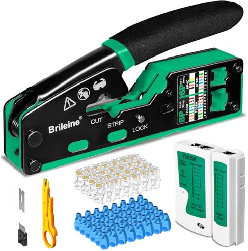 Brileine RJ45 Crimp Tool Pass Through Ethernet Crimper Kit, RJ11/RJ12 Crimper for Standard Connectors (BTR-006)