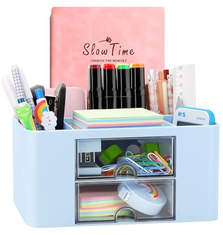 Wlevzzor Creative & Simple Desk Organiser, 7 Grids, Plastic Table Organiser with Drawer, Multifunctional Desk Organiser, Pen Holder for School, Office, Home (Blue)
