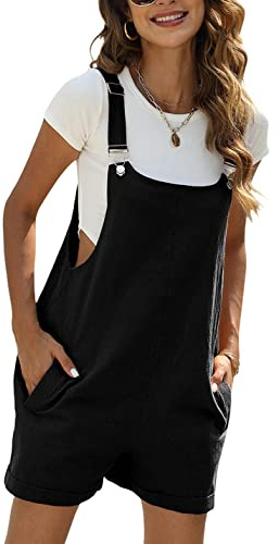 Sukany Women's Summer Casual Cotton Linen Short Overalls Adjustable Straps Bib Shortalls with Pockets Black XL