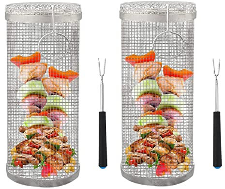 Yidata Rolling Grill Basket, 2pcs Stainless Steel Wire Mesh Cylinder BBQ Net Tube Barbecue Rack Outdoor Camping BBQ Grill Mesh (Cylinder-Large)