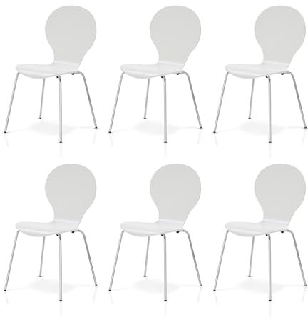 KHG 6er Set Stapelstühle Esszimmerstuhl Stuhl aus Schichtholz Weiß glänzend lackiert - Sitzhöhe 45 cm, Stuhlbeine aus Metall - stapelbar auch für Gastronomie geeignet