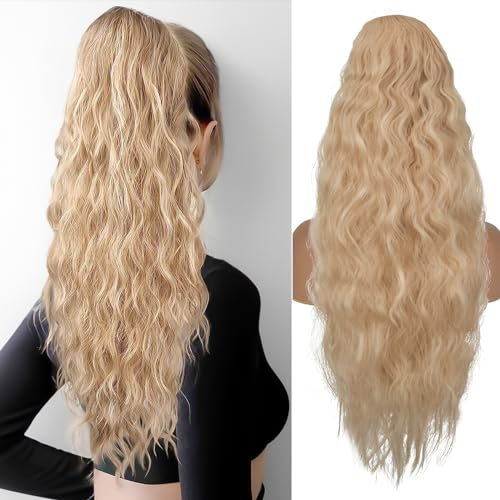TESS Lange Pferdeschwanz Haarteil mit Kordelzug 80cm, Corn Wave Lockige Synthetische Ponytail Extension, Haarverlängerung Clip in Haarteile Haarzopf für Frauen Mittelblond