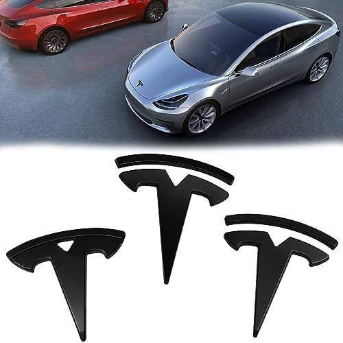 3 Stücke Tesla Emblem Logo: Modell 3 Auto Marke Etikett Front Motorhaube Frontkennzeichen Kofferraum Lenkrad Logo Aufkleber Mattschwarze Emblem Auto Zubehör Kompatibel mit Tesla Model 3