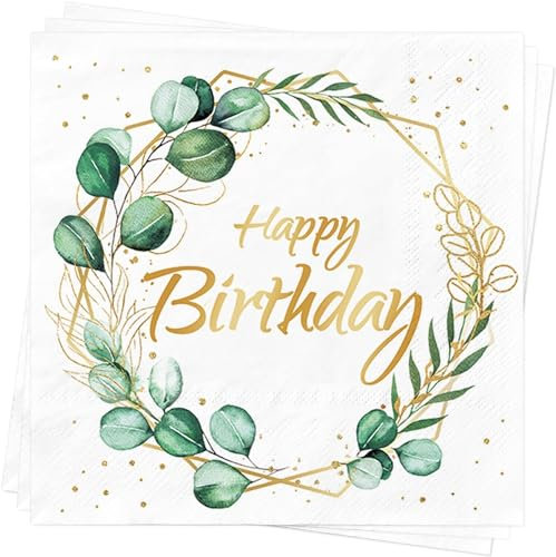 60 Stück Servietten Geburtstag Eukalyptus Grün, Happy Birthday Servietten Napkins, Papierservietten For Taufe Kommunion Konfirmation Babyparty Tischdekoration