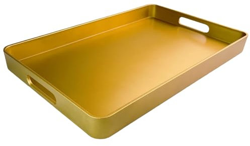 UOEKCS Dekoratives Tablett, Serviertablett mit Griffen, rechteckiges Kunststofftablett für Ottomane, Couchtisch, Badezimmer, Wohnzimmer, goldfarben 39,9 x 25,9 cm