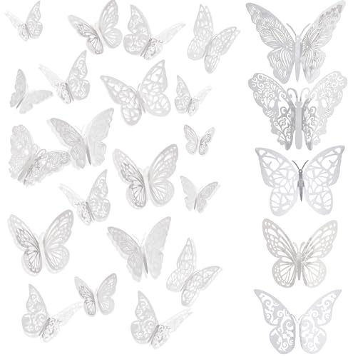 FIHODONE 60 Stück Dreidimensional Schmetterlinge Deko Silber, Kinderzimmer Deko Mädchen Schmetterling Fünf Stile, Wandtattoo Schmetterlinge Abnehmbare für Tortendeko,Hochzeit,Zimmer (Silber)