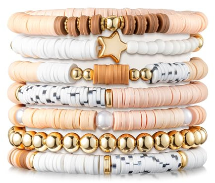 Y1tvei 7Stück Heishi Surfer Armbänder Set, Braun Preppy Stern Elastisches Seil Corlorful Bracelets Ton Disc Perlen Polymer, Boho Y2K Beaded Jewelry Sommer Strand Armband für Damen Mädchen Geschenk