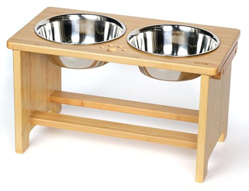 HTB Raised Dog Bowls With Stand, Bamboo Elevated Dog Bowls-25.5cm(H) | Pet Food And Water Feeder for Large Medium Small Size Dogs With 2 Stainless Steel Bowls - 43.99cm(L)*24cm(W)*25.5cm(H)
