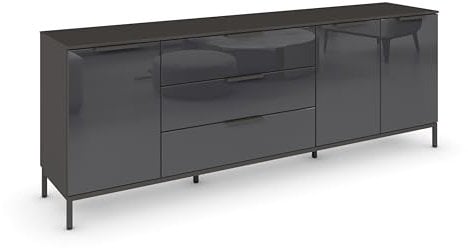 Rauch Möbel Flipp, Sideboard, TV-Schrank, Kommode mit Stauraum, mit Metallkufe Graphit, Graphit/Glasfront Basalt, Schwarz, 3-türig, Glastüren, 3 Schubladen, Griffe Graphit, 199x72x42cm