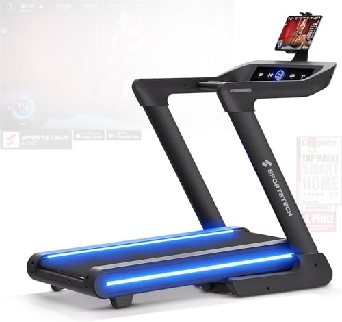 Sportstech Tapis de Course Professionnel pour la Maison jusqu'à 20 km/h avec APP | Course avec 17% Incline jusqu'à 150 kg | LED & 360° Tabletholder pour Full Body Workout | sTread Lite