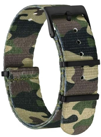 BISONSTRAP Nylon Uhrenarmband für Herren, Einteilige Militär Armband, 22mm, Tarngrün (Schwarze Schnalle)
