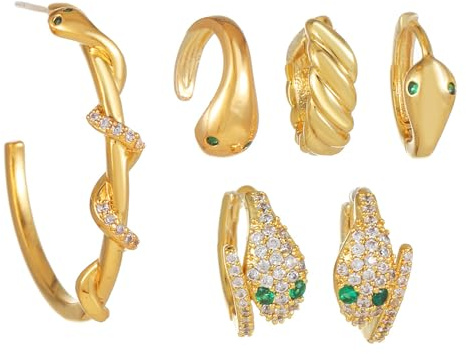 JewelryWe Schlange Ohrringe Damen Creolen Edelstahl Mit Grün Zirkonia Chunky Kleine Schlange Wrap Ohrklemme Ohrclips Tier für Frauen Mädchen Gold Silber
