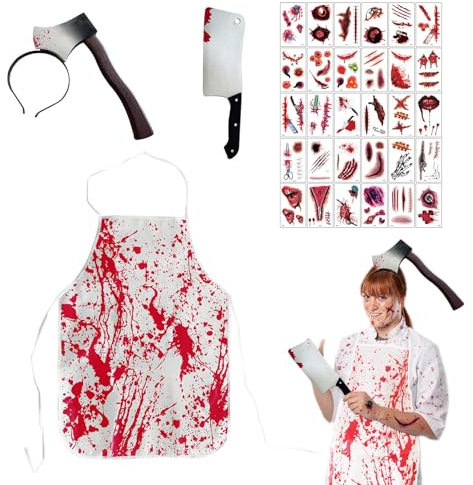 Sangriento Carnicero Halloween Disfraces: 4 Piezas Disfraz de Halloween Incluye Diadema Hacha Delantal Sangriento Cuchillo Carnicero Tatuajes Temporales Heridas para Hombres Mujeres