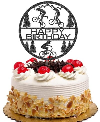 QXQXBA Mountain Biking Happy Birthday Cake Topper, Bicycle/Bike Birthday Cake Decor, BMX Party Decorations Black Glitter