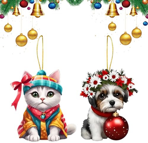 CutitiUU Ciondolo acrilico di Natale modelli di cane e gatto,Ciondolo di Natale in acrilico Leopardo delle nevi,Ciondolo per albero di Natale,2D acrilico per auto (Gatti e cani-2)