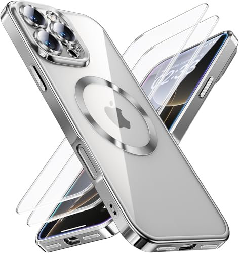 JUESHITUO 3 in 1 Hülle für iPhone 16 Pro Max,1 Handyhülle mit 2 Stück Schutzfolie, [Militärstandard] [TOP N56 Starke Magnete] Stoßfest Kratzfest für Magsafe Case mit Kameraschutz, Titan Natur