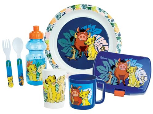 Le Roi Lion Children's Crockery Set with 1 x 220 ml Glass, 1 Plate Diameter 22 cm, 1 Mug 350 ml, 1 x 350 ml Bottle, 1 Snack Box and 2 Cutlery H.13.5 cm – Reusable Tableware