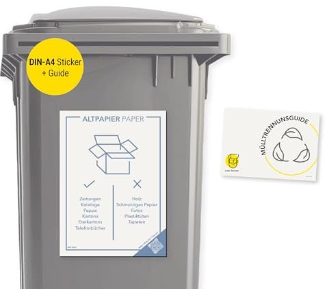 Frank Paperman® | Aufkleber Mülltrennung | Altglas blaugrün | selbstklebend | DIN-A4-Format 29,7 cm x 21 cm | Mülltonnen Aufkleber auf Deutsch & Englisch mit QR-Code (1 Altpapier, A4)