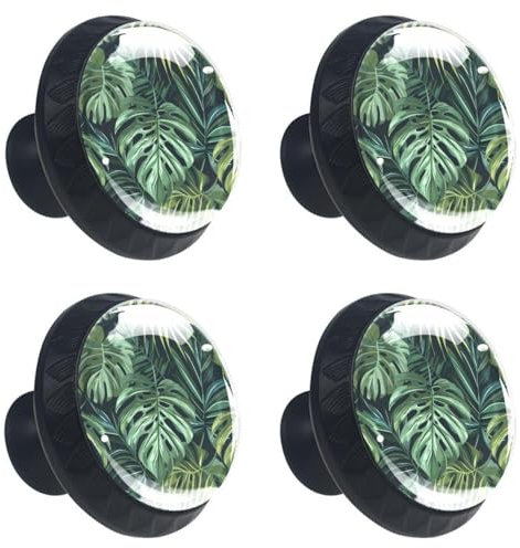 Lot de 4 boutons de tiroir de commode ronds en verre cristal avec vis pour cuisine, salle de bain, chambre d'enfant, chambre d'enfant (feuilles de palmier vertes de forêt tropicale)