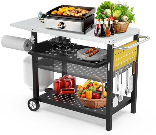 Outdoor-Grillwagen mit Steckplatte, 3 Ablagen, Pizzaofen-Tisch mit Schublade, Edelstahl-Küchen-Esswagen mit Rollen, Lebensmittelzubereitungstisch, Grillständer für draußen, Grill, Terrasse, Hinterhof