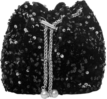 WUFGWBD Black Sequin Drawstring Bag - Women's Elegant and Simple Fashion