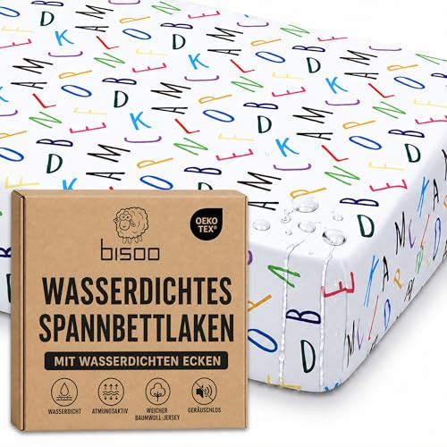 Bisoo Zauberlaken Spannbettlaken 75x100 Buchstaben für Laufgitter Laufstall | Laken und Matratzenschoner in einem Stück, Ersparnis, Wasserdicht, Atmungsaktiv, Geräuschlos, Baumwoll-Jersey Oeko-Tex