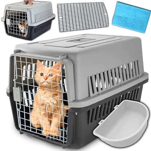 Retoo Transportbox Katze Hund, ABS, 58 x 37 x 35 cm, mit Tränke und Matte | Ergonomischer Griff, sicherer Verschluss, herausnehmbares Gitter, Metallgitter, Tränke inklusive