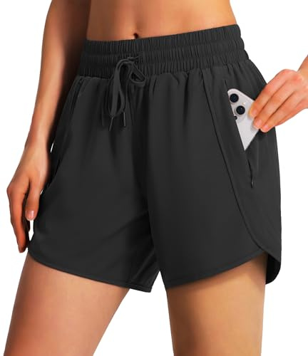 Ksmien Women's 5/ 7 Athletic Running Shorts Quick Dry Lightweight Workout Gym Shorts with Zipper Pockets UPF 50+ Black
