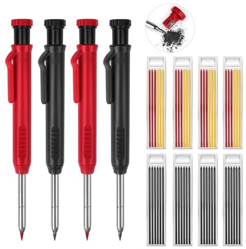 4 Pack Carpenters Pencil Mechanical Pencil Set with 48 Refills 2 Colors, Deep Hole Marker Builders Pencils with Sharpener Scribe Tool Joiners Pencils for Construction Woodworking Architect Scribing