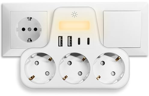 Zelkan Ladron Enchufe con 3 Tomas de Corriente en Horizontal con Luz - Regletas Enchufes con 2 USB-A y 2 USB-C - Regleta con Enchufe Multiple para Pared sin Cable - Base enchufes Multiple - Blanco