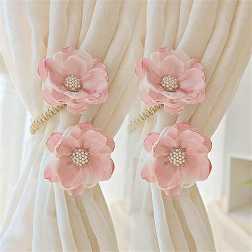 2 Stück Gardinenhalter Cartoon Blume Seil, Blumen Gardinen Raffhalter, Vorhang Raffhalter, Bunte Blumen Raffhalter für Vorhänge (Rosa)
