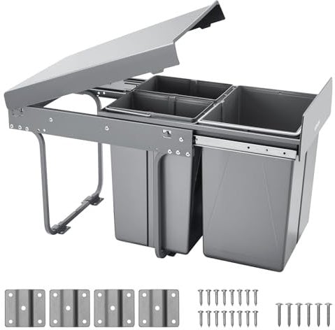 VEVOR Pullout Trash Can for Kitchen Cabinets, 20+10+10L Double Under Sink Garbage Waste Recycling Bin, Under Mount Waste Container, with Heavy Duty Metal Full Extension Sliding System and Handle