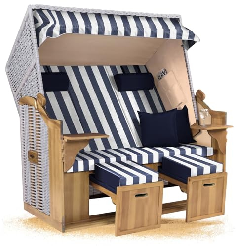 Strandkorb Hanse Ostsee XXL 2,5 Sitzer Volllieger Weiß 150cm breit, ideal für Garten, Terrasse und Balkon (Blau Weiß Blockstreifen, Zerlegt)