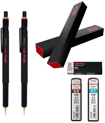 rOtring 800+ Druckbleistifte-Set, 0,5 mm und 0,7 mm Stylus Hybrid, Twist-to-Retract, schwarzer Metallschaft, inkl. HB Tikky Minen und Radiergummi B20, Präzisions-Zeichen- und Touchscreen-Werkzeug