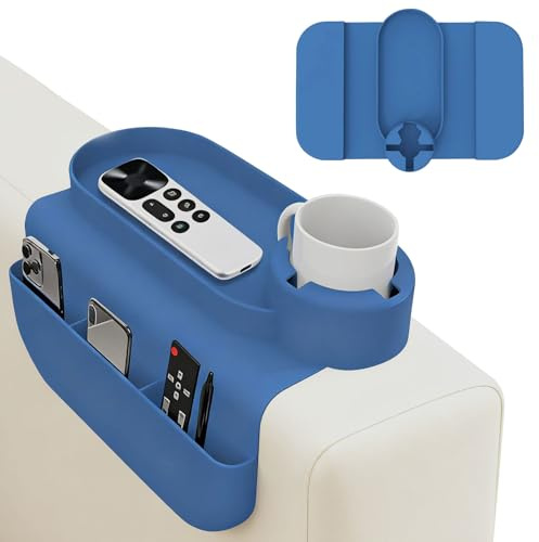 Couch Cup Holder, Silicone Anti-Slip Sofa Armrest Tray with Dual Side Pockets, Blue Anti-Spill Sofa Arm Drink Holder, Large Storage Capacity Couch Arm Tray for Cup Phone Tablet Remote Control Snack