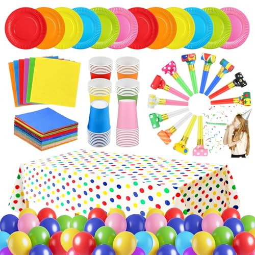 222 Pieces Colorful Rainbow Party Tableware Set - Tablecloth, Colorful Balloons, Party Blowers Whistles, Cups, Napkins, Multicolor Dinner Plates for DIY Birthday Holiday