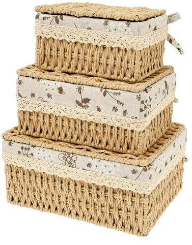 3Pcs Wicker Storage Basket with Lids Decorative Storage Boxes Handmade Wicker Hamper Box for Shelves Reusable Space-Saving Paper Rope Basket Bedroom Storages Solutions for Organizing Toys, Clothes
