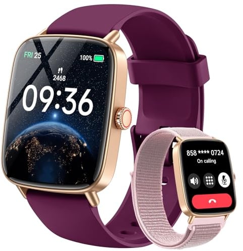 Smartwatch Damen mit Telefonfunktion 1.85 2 Armbänder Fitnessuhr Fitness Tracker Herzfrequenz/SpO2/Schlaf/IP68 Wasserdicht Sportuhr Schrittzähler Uhr für Samsung Android iOS Purple