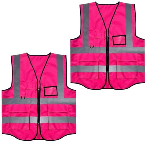 Cisyia 2 Stück Warnweste Pink, Warnweste Erwachsene Pinke | Warnwesten Reflektierende Jacke mit Taschen und Reißverschluss, Rosa Sicherheitsweste für die Sicherheit auf dem Bau