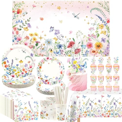 Spring Wildflower Party Decorations-20 Guests-Include Plates, Cups, Napkins, Tablecloth, Backdrop, Cake Topper for Floral Baby Shower Birthday Decorations
