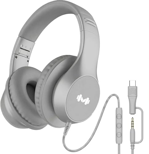 MartiAudio Wired Over-Ear Headphones, Mic, USB-C/3.5mm Plug, Silver | Foldable over-ear design with inline mic, volume control, and USB-C/3.5mm plug for phones, tablets, PCs, office, and travel.