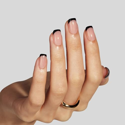LAMIMOSA 32Pcs Black French Tip False Nails with Glue - Short Square Press on Nails, Soft Gel Fake Nails kit in 16 Sizes, Reusable Semi-Transparent Stick on Nails, Glue On Nails, BLACK TIE