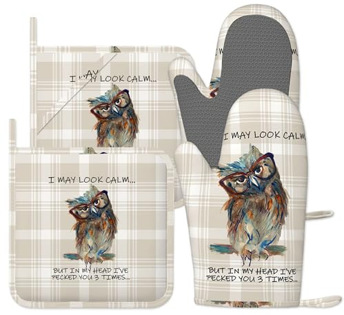 Funny Owl Oven Gloves Heat Resistant, Oven Mitts and Pot Holder Cute Buffalo Plaid Kitchen Non-Slip Silicone Cooking Microwave Gloves for Cooking Baking Grilling