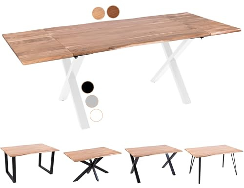 SAM Baumkantentisch 200 (300) x 100 cm Avino, Akazienholz naturfarben & massiv, Esszimmertisch mit 2 Ansteckplatten, Weißes X-Metallgestell, Esstisch ausziehbar 8-10 Personen