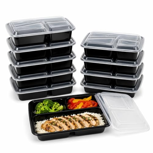 10 Pack 3 Compartment Meal Prep Containers With Lids 36oz / 1023ml – Microwave Safe Reusable Food Storage Boxes for Lunch, Portion Control, Batch Cooking & Freezer Meals