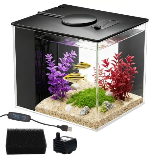 Betta Aquarium Komplettset, 3,7L Kleines Mini Aquarium aus Acryl, Schwarz | mit Filterpumpe und Eingebautem Filtersystem, LED-Beleuchtung, ideal für kleine Fische, Garnelen und Pflanzen,ohne Batterie