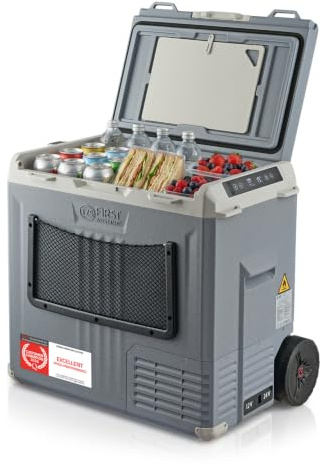 TZS First Austria - Kompressor-Kühlbox 50L - Energieklasse B - Kühlung bis -20°C - App per Bluetooth - 12/24V & 230V - USB-Ausgang - Trolley & Vollzubehör – Grau